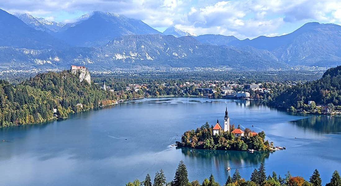Lake Bled with island, castle and mountain backdrop