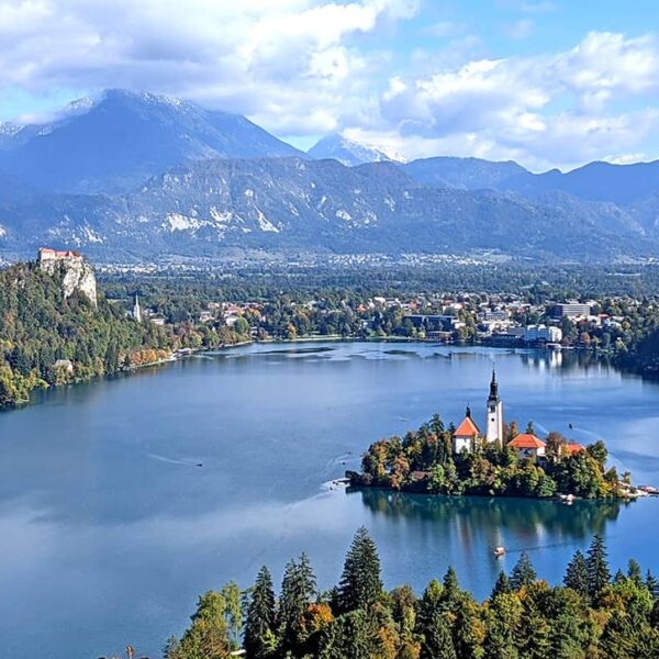 Lake Bled with island, castle and mountain backdrop