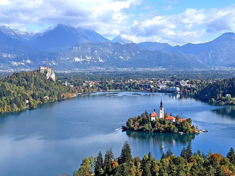 Lake Bled with island, castle and mountain backdrop