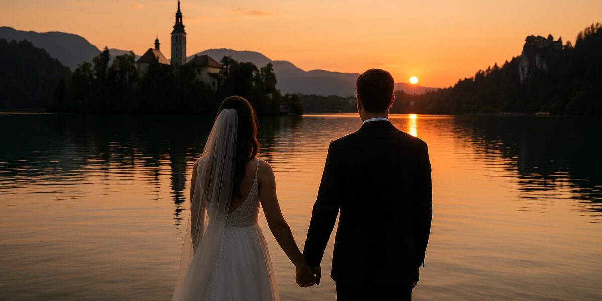 A romantic couple enjoys Lake Bled with mountain views, Slovenian castles and nature during their honeymoon