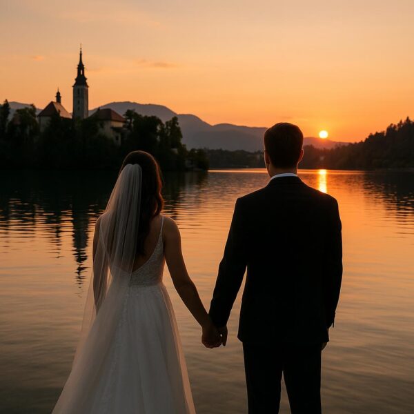 A romantic couple enjoys Lake Bled with mountain views, Slovenian castles and nature during their honeymoon