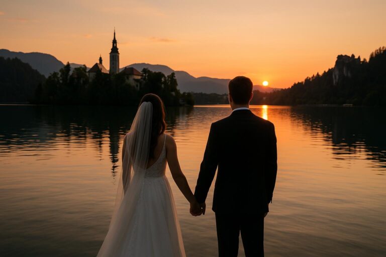 Couple enjoying romantic honeymoon at Lake Bled with castle and mountains in Slovenia