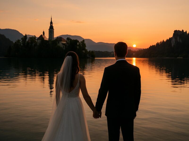 Couple enjoying romantic honeymoon at Lake Bled with castle and mountains in Slovenia