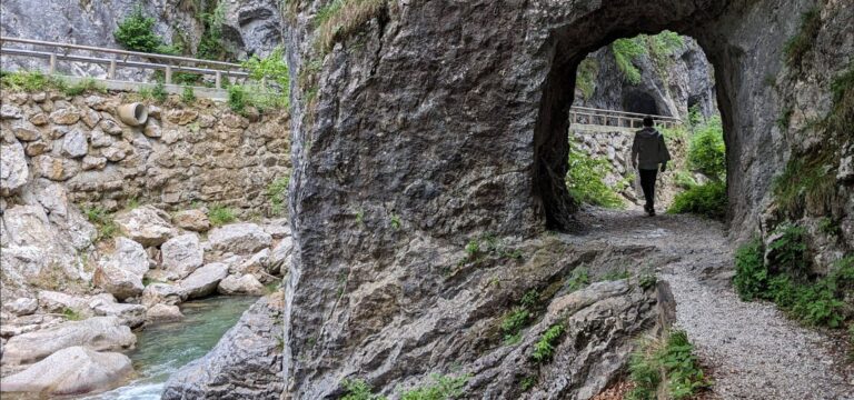 Clear river running through the Dovzan Gorge in Slovenia, surrounded by rocks and greenery
