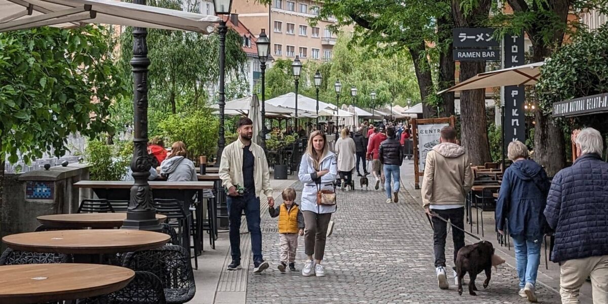 Terraces along the river in Ljubljana city centre