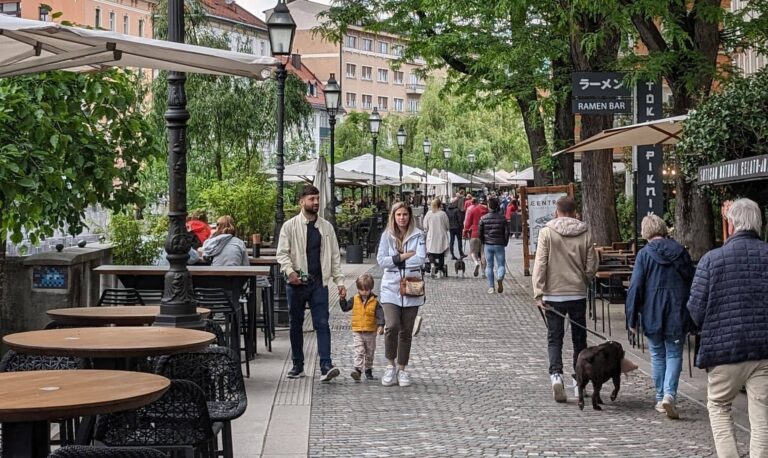 Terraces along the river in Ljubljana city centre
