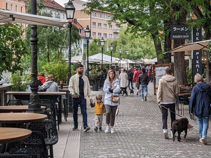 Terraces along the river in Ljubljana city centre