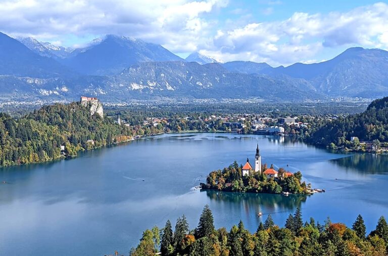Scenic Lake Bled with island and mountains
