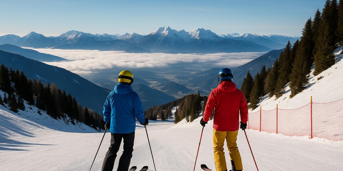 Scenic snowy slopes at Krvavec ski area in Slovenia with mountains in the background and skiers on the pistes