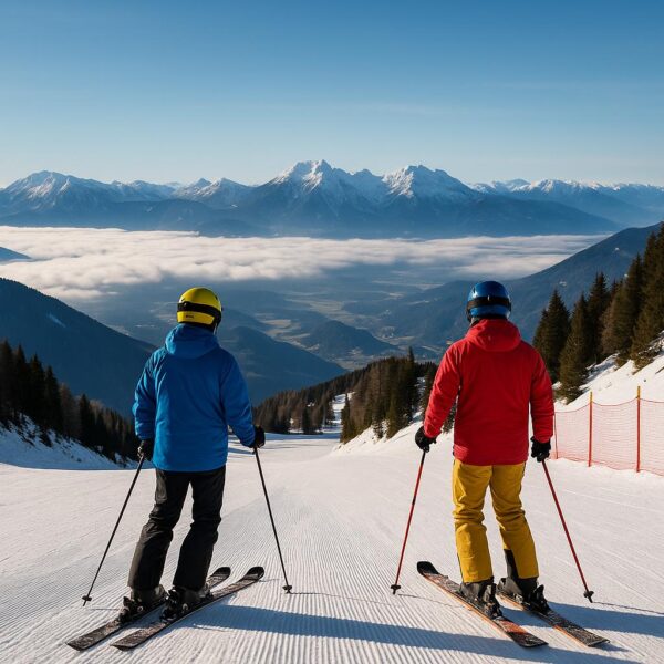 Scenic snowy slopes at Krvavec ski area in Slovenia with mountains in the background and skiers on the pistes