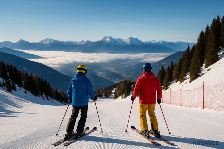 Scenic snowy slopes at Krvavec ski area in Slovenia with mountains in the background and skiers on the pistes