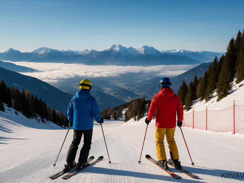 Scenic snowy slopes at Krvavec ski area in Slovenia with mountains in the background and skiers on the pistes