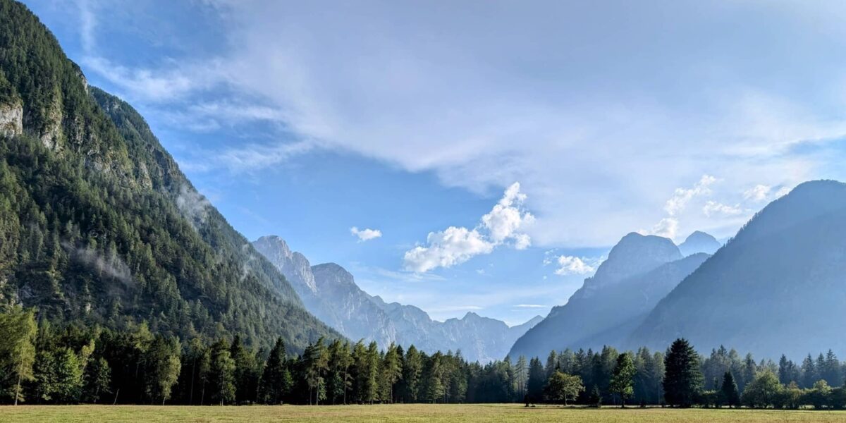 View of Triglav National Park and Peričnik waterfall near Mojstrana, scenic Slovenia