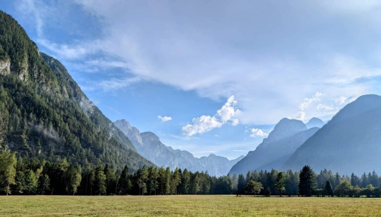 View of Triglav National Park and Peričnik waterfall near Mojstrana, scenic Slovenia