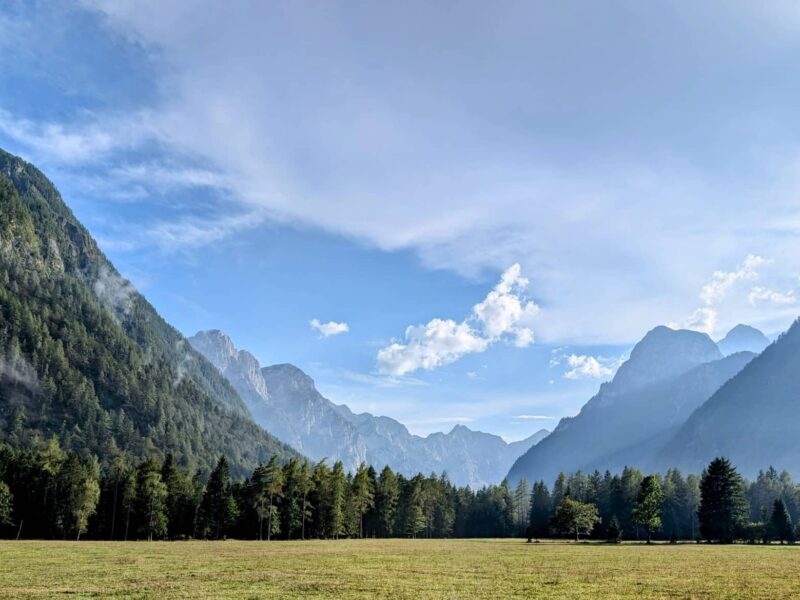 View of Triglav National Park and Peričnik waterfall near Mojstrana, scenic Slovenia