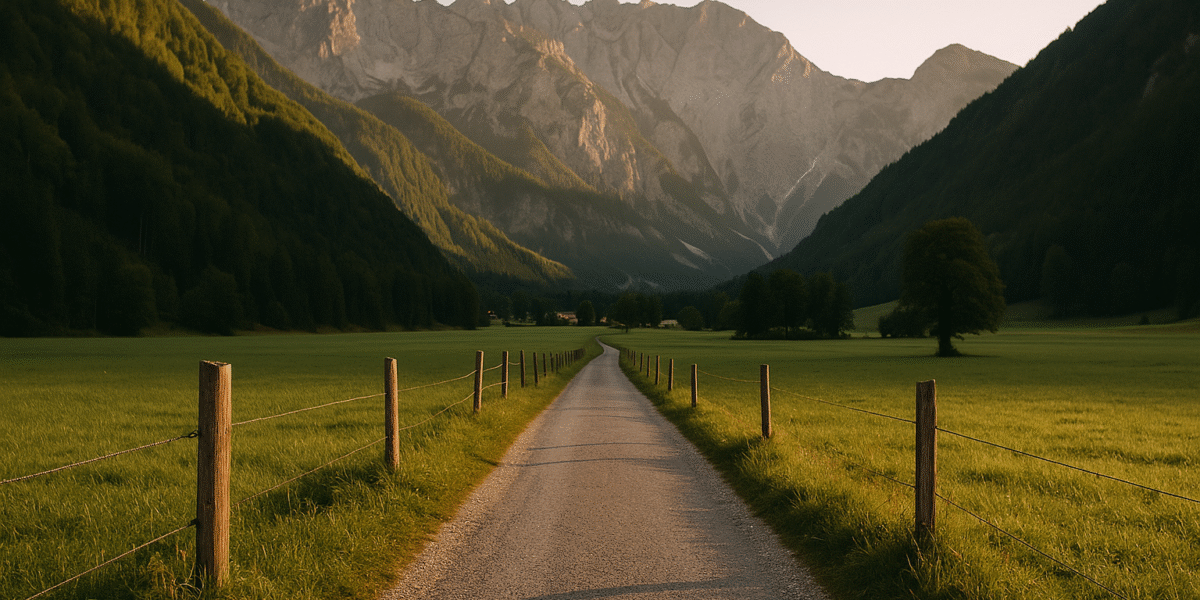Panoramic view of Logarska Dolina valley in the Slovenian Alps, with forests, waterfalls, and meadows