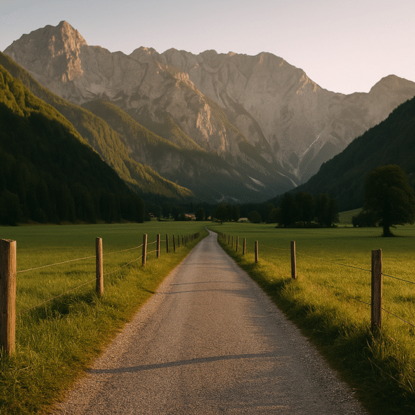 Panoramic view of Logarska Dolina valley in the Slovenian Alps, with forests, waterfalls, and meadows