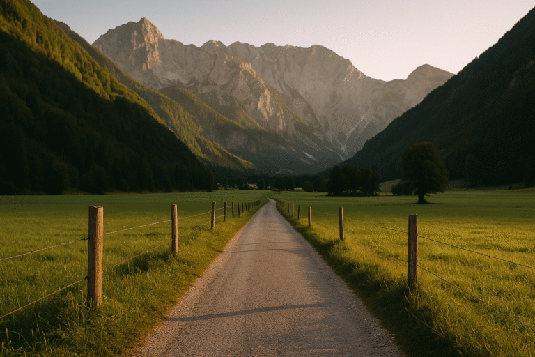 Panoramic view of Logarska Dolina valley in the Slovenian Alps, with forests, waterfalls, and meadows