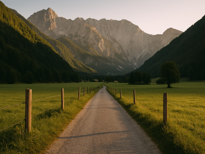 Panoramic view of Logarska Dolina valley in the Slovenian Alps, with forests, waterfalls, and meadows