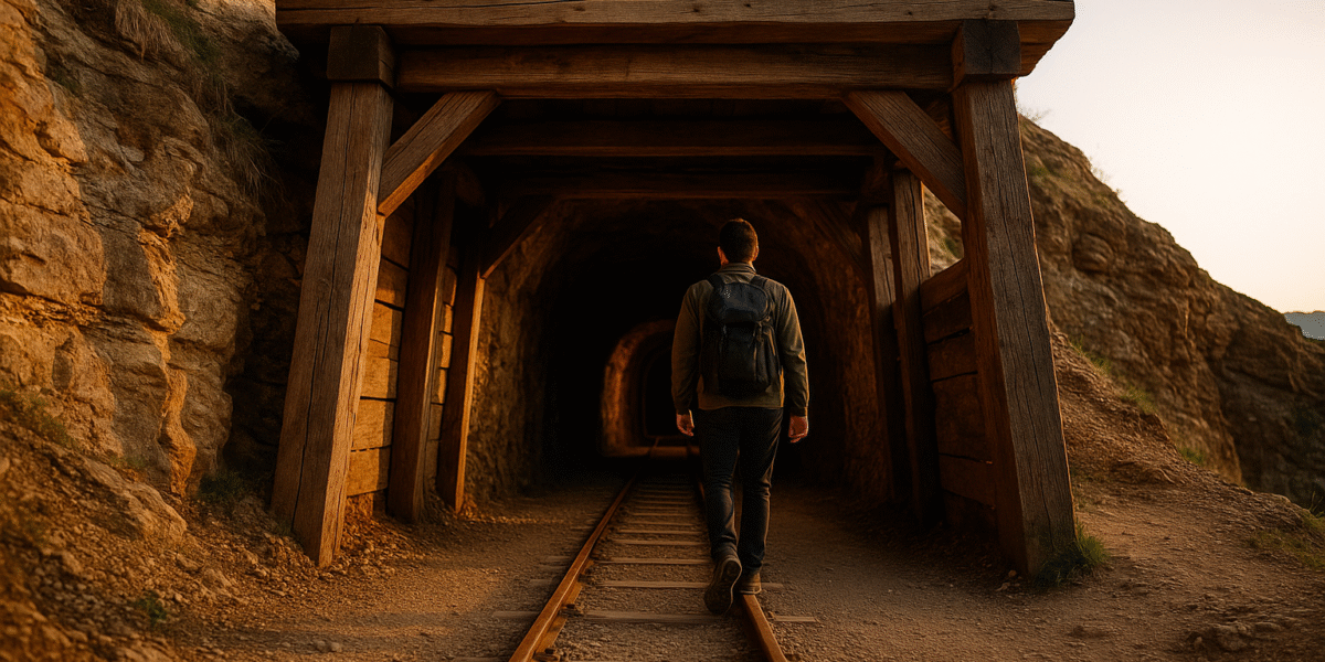 Tourist in a helmet exploring the underground St. Anna mine tunnels in Slovenia