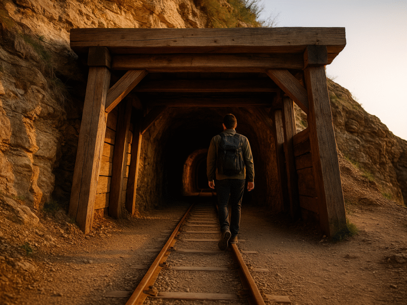 Tourist in a helmet exploring the underground St. Anna mine tunnels in Slovenia