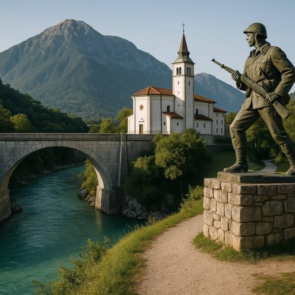 Mountain town Kobarid, Slovenia, with river views