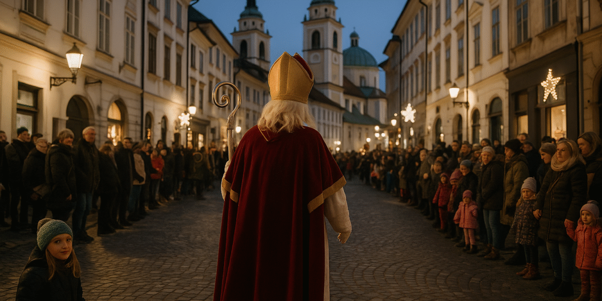 Children and adults dressed as Miklavž, angels and devils at a Slovenian St Nicholas parade