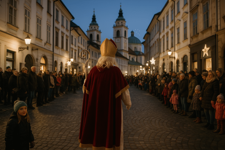 Children and adults dressed as Miklavž, angels and devils at a Slovenian St Nicholas parade