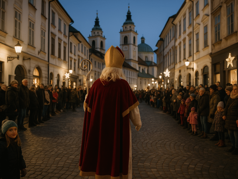 Children and adults dressed as Miklavž, angels and devils at a Slovenian St Nicholas parade
