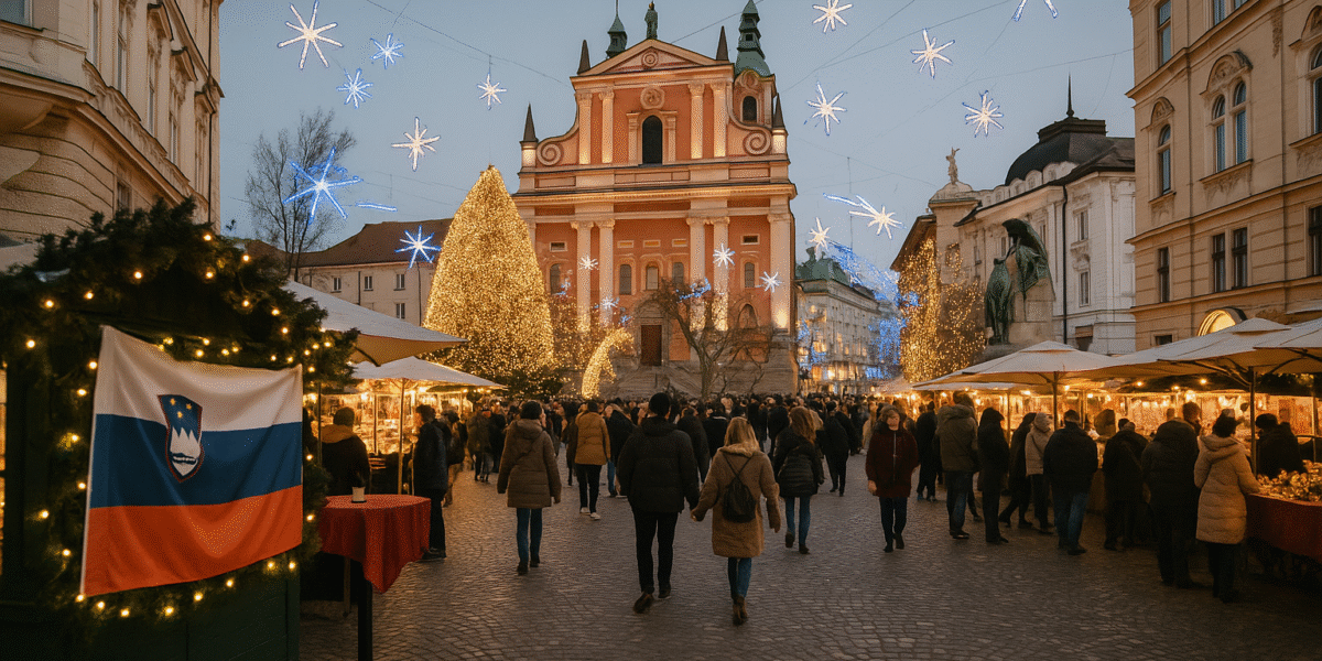 Christmas celebration in Slovenia, festive lights, markets and three gift-bringers