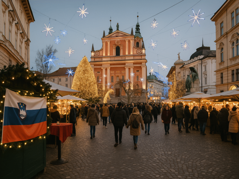Christmas celebration in Slovenia, festive lights, markets and three gift-bringers